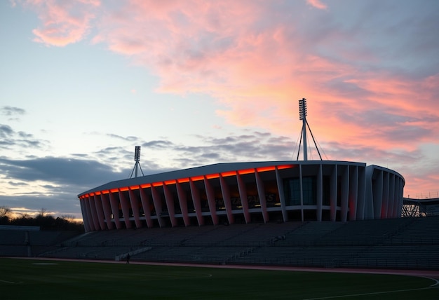 Photo a stadium with a red and orange sunset in the background