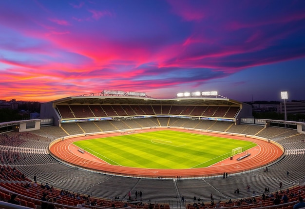 a stadium with a red sky and a blue sky in the background