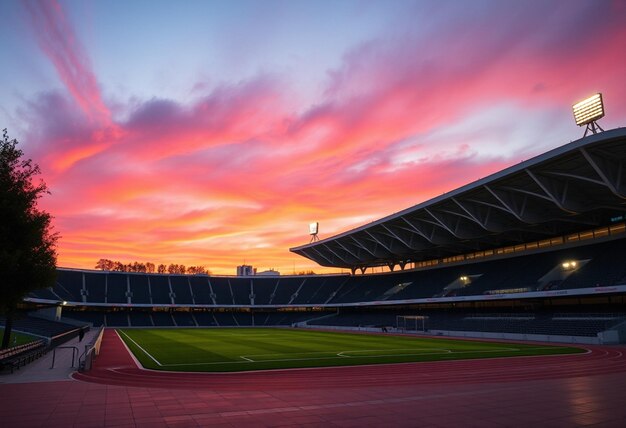 a stadium with a red sky and a sign that says  sunset