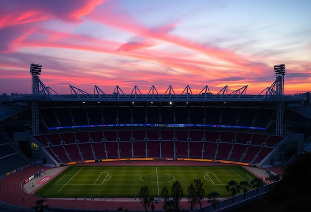 Photo a stadium with a red sky and a soccer field in the background