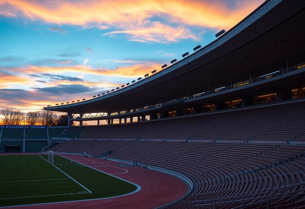 a stadium with a red track and a blue sky and a red track in the background