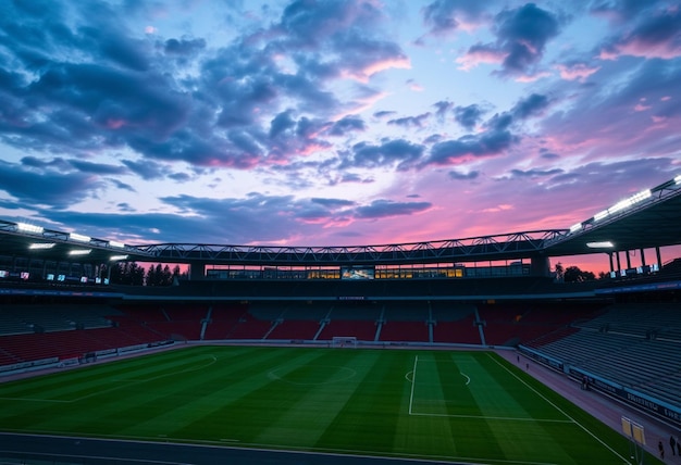 a stadium with a sky and a field with a soccer field in the foreground