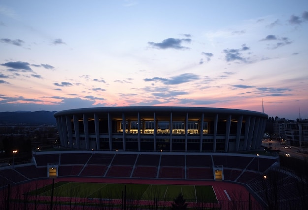 a stadium with a sky and a field with the word stadium on it