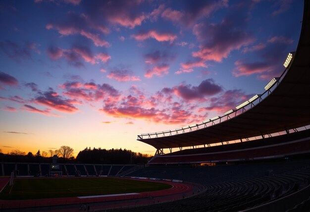 a stadium with a sky that has the sun setting behind it