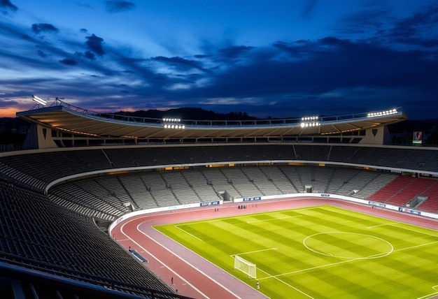 a stadium with a soccer field and a blue sky with a few clouds