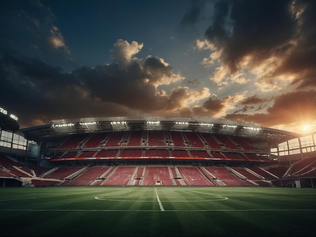 a stadium with a soccer field and a soccer field in the foreground