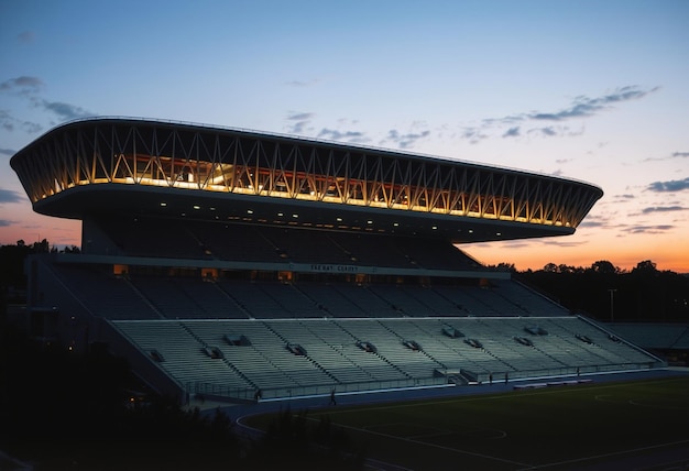 a stadium with the sun setting behind it