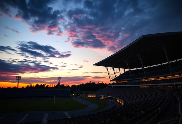 Photo a stadium with a sunset in the background and the sun setting behind it