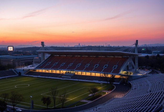 a stadium with a sunset in the background