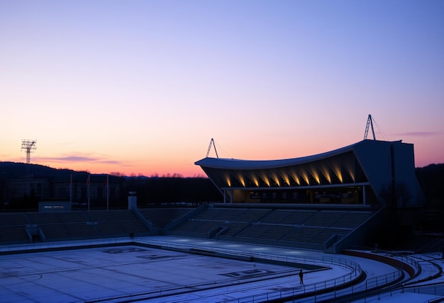 a stadium with a sunset in the background