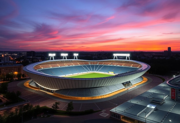 a stadium with a sunset in the background