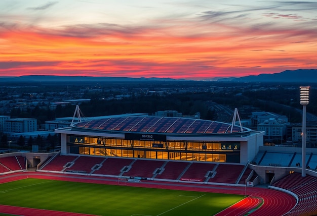 a stadium with a sunset in the background