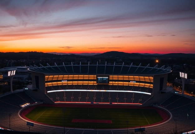 a stadium with a sunset in the background