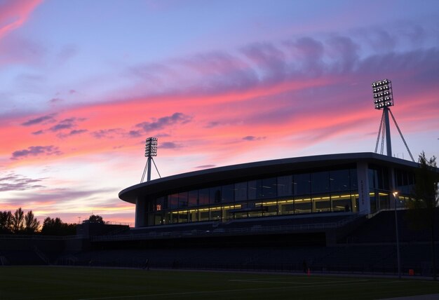 a stadium with a sunset in the background