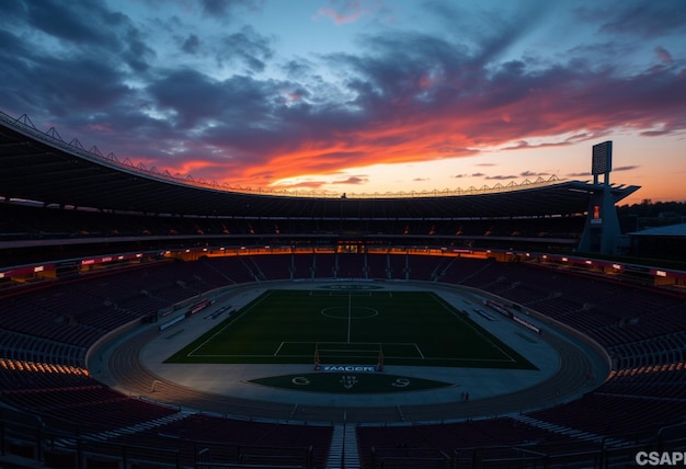 a stadium with a sunset in the background