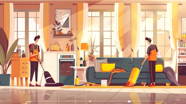 Photo the staff of a cleaning service work in the living room this modern flat illustration of the living room contains a vacuum cleaner a broom a spray can and trash bags