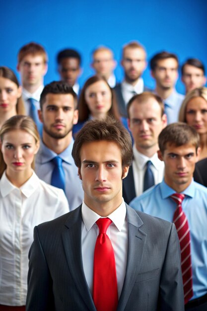 Photo staff recruitment headhunting many employees and the choice of a leader from the crowd hr a lot of white businessman and one in a red tie on a blue background