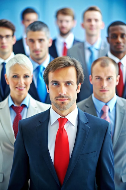 Photo staff recruitment headhunting many employees and the choice of a leader from the crowd hr a lot of white businessman and one in a red tie on a blue background