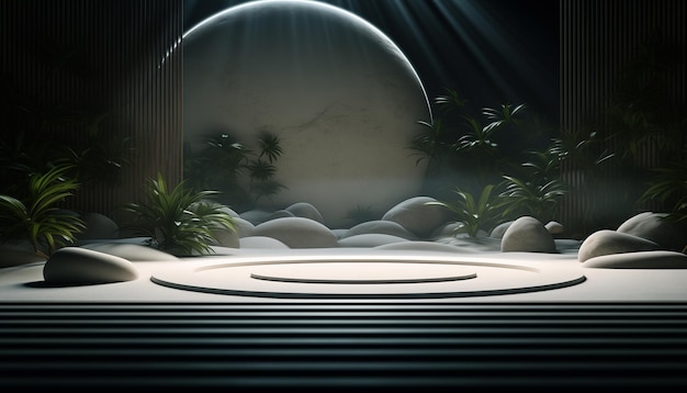 Stage an artistic shot of a futuristic zen garden with minimalist design and advanced lighting