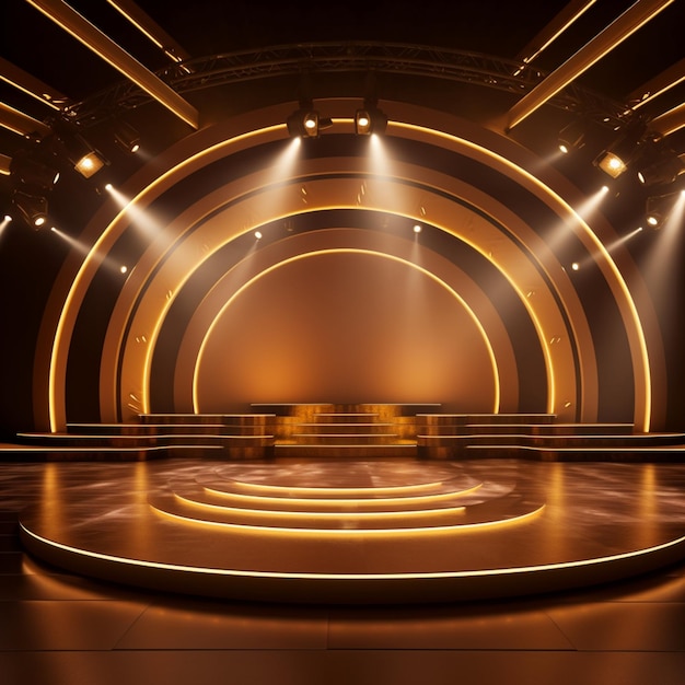 Stage on a bright gold podium with spotlights