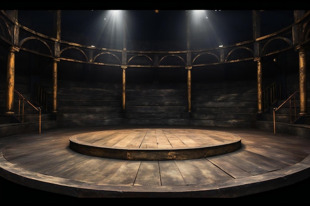 A stage in a dark room with a wooden floor