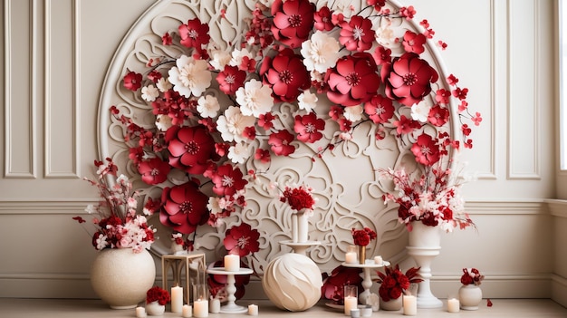 Photo stage design decoration red flowers balloons decoration