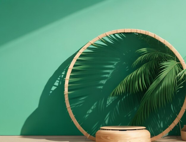 A stage for displaying products with a round wooden podium and green leaves