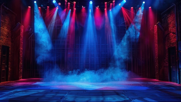 The stage is lit by colorful spotlights creating an atmosphere of mystery and intrigue The background features dark red walls with blue light rays shining through them