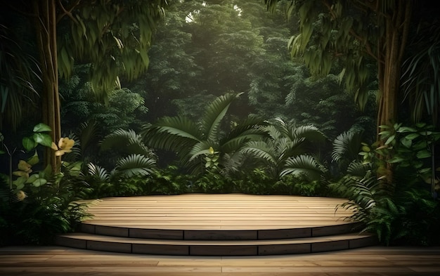 A stage in a jungle with a wooden platform and a large number of trees.