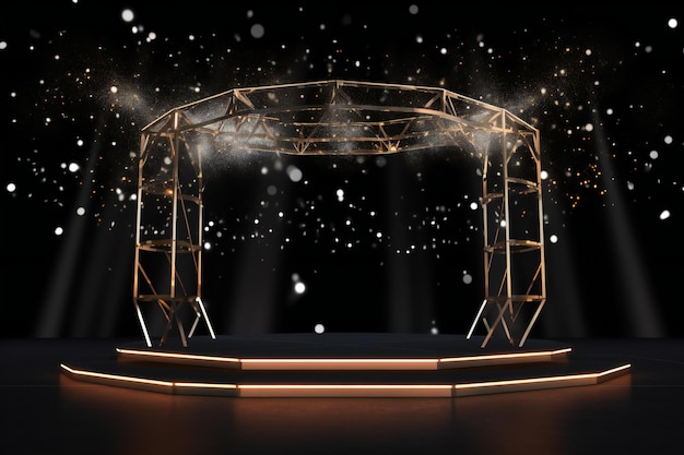 Stage lighting effect on black background with falling snowflakes