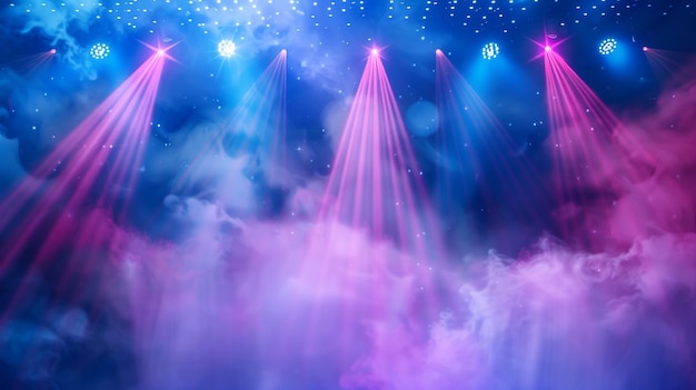 Stage lights background with with colorful lights and fog