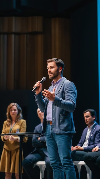 Stage man and presenter at conference as event host panel discussion and guest with microphone