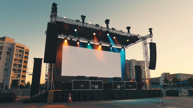 Stage modern rigging large outdoor concert with beam lights sound system and white blank screen mockup material background wallpaper AI generated image