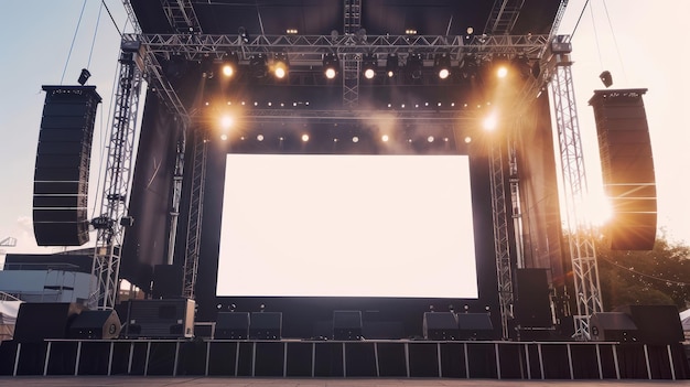 Stage modern rigging large outdoor concert with beam lights sound system and white blank screen mockup material background wallpaper AI generated image