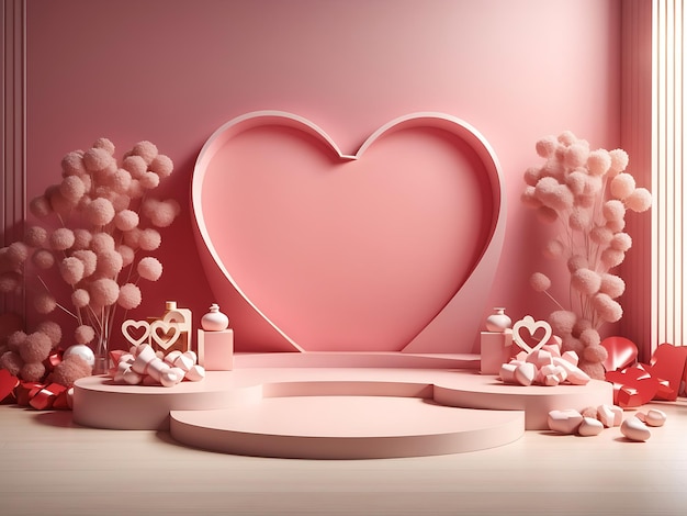 stage podium background of love heart mock ups for product or present display 3D rendering