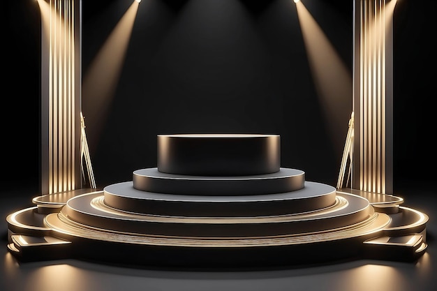 Stage podium scene for Award celebration on black background Stage podium with lighting 3D render