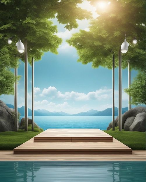 Stage product display with nature element tree leaf and water sky generated by AI