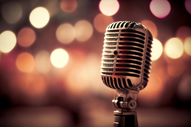 On stage retro microphone with bokeh lights in background AI