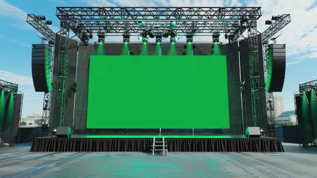 Stage rigging large outdoor concert with beam lights sound system and green screen mockup material background wallpaper AI generated image