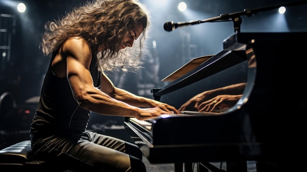 Stage rock pianist intense performance with sweatdrenched effort