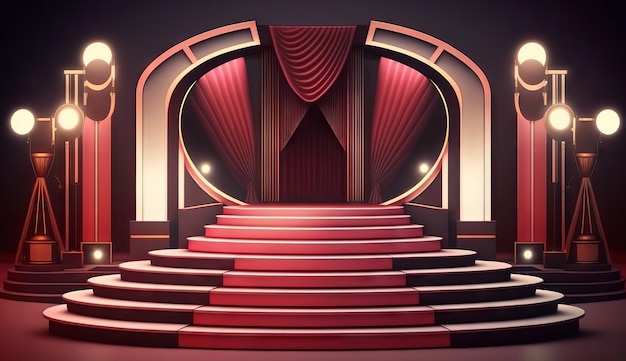 Stage for a show or TV entertainment with microphone stairs red curtains spotlights illumination and decor Generative ai