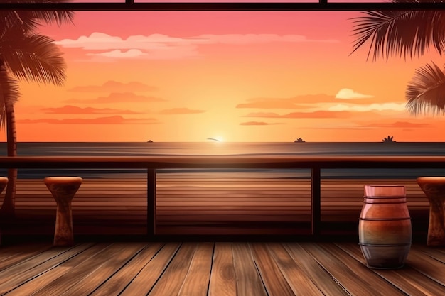 The stage showcases product on a beach bar at sunset Illustration Generative AI