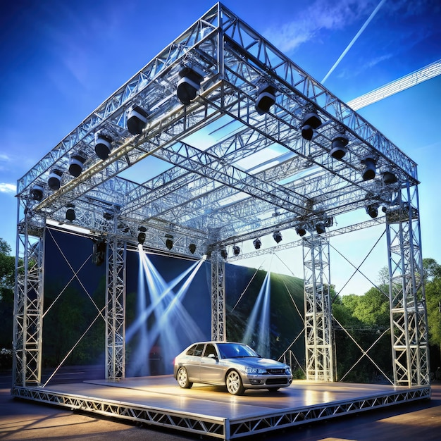 Photo stage structure in box truss design with car model at outdoor event setup generative ai