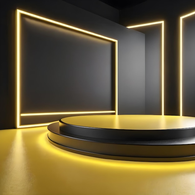 a stage with a black wall and a yellow light on it