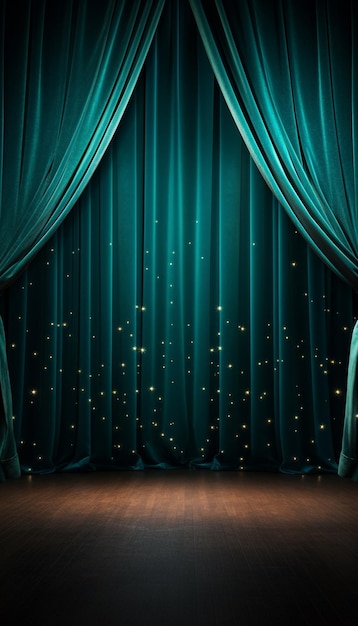 a stage with a blue curtain and gold stars on it