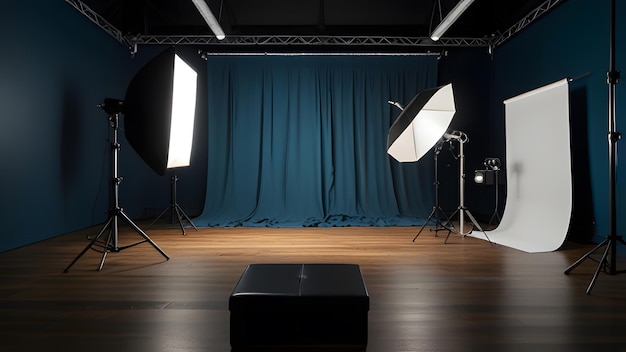 a stage with a blue curtain and a spotlight on it top view flat lay flare old retro vintage