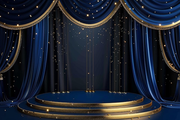 a stage with a blue curtain that says stars on the bottom of it