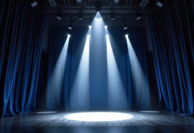 a stage with a blue curtain that says  the word  on it