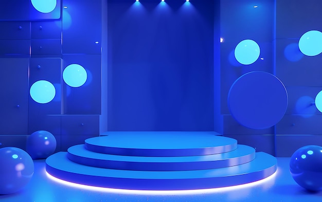 a stage with blue lights and a blue stage with a round table in the middle