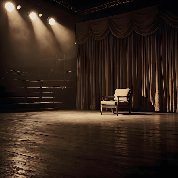 Photo a stage with a chair and a curtain in the background